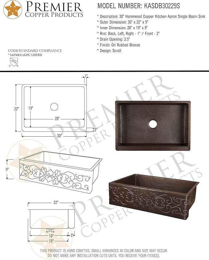 Premier Copper Products KASDB30229S 30-Inch Copper Hammered Kitchen Apron Single Basin Sink with Scroll Design, Oil Rubbed Bronze