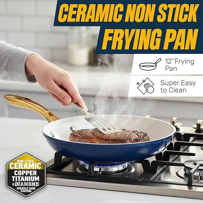 Gotham Steel 20pcs Pots and Pans Set Non Stick Ceramic Cookware Set with Deep Frying Pan Set & 6pc Knife Set, Improved Ti-Cerama Coating Made without PFOA PFOS Lasts 2x Longer, Oven & Dishwasher Safe