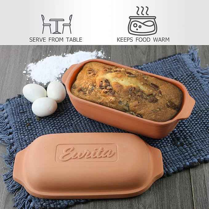 Eurita Clay Roaster, Non-Stick Bread Pan & Lid, Healthy Clay Pot Cooking, With Free Recipe Guide, 2 Quarts