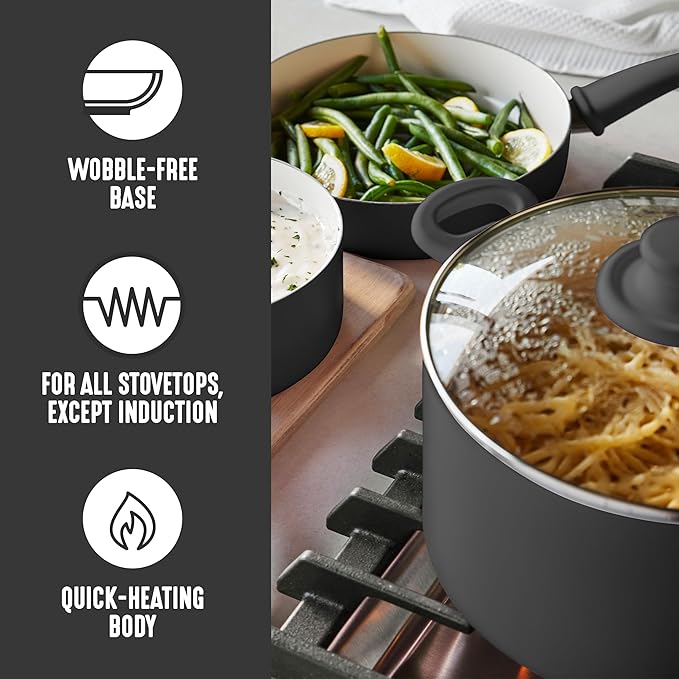 GreenLife 8 Piece Nonstick Cookware Set, Non-Toxic PFAS-Free Ceramic Pots & Pans, Dishwasher & Oven Safe, Frying, Sauce, Stock Pot, Glass Lids, Stay-Cool Handles, Wobble Free, Black