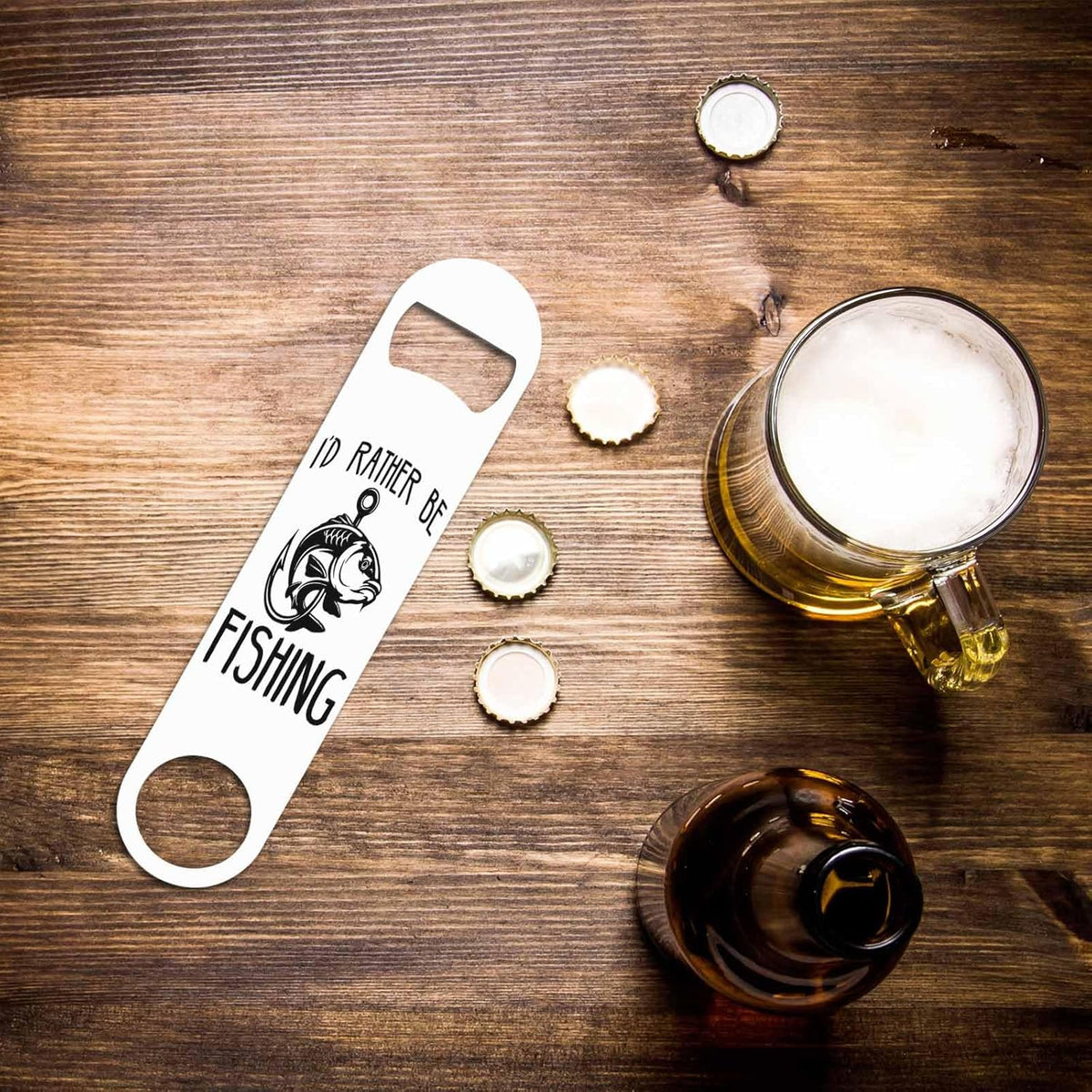Fish Stainless Steel Bottle Opener I'D Rather Be Fishings Lettering Flat Beer Bottle Opener Keychain for Home Kitchen Bar Restaurant Party Birthday Gift