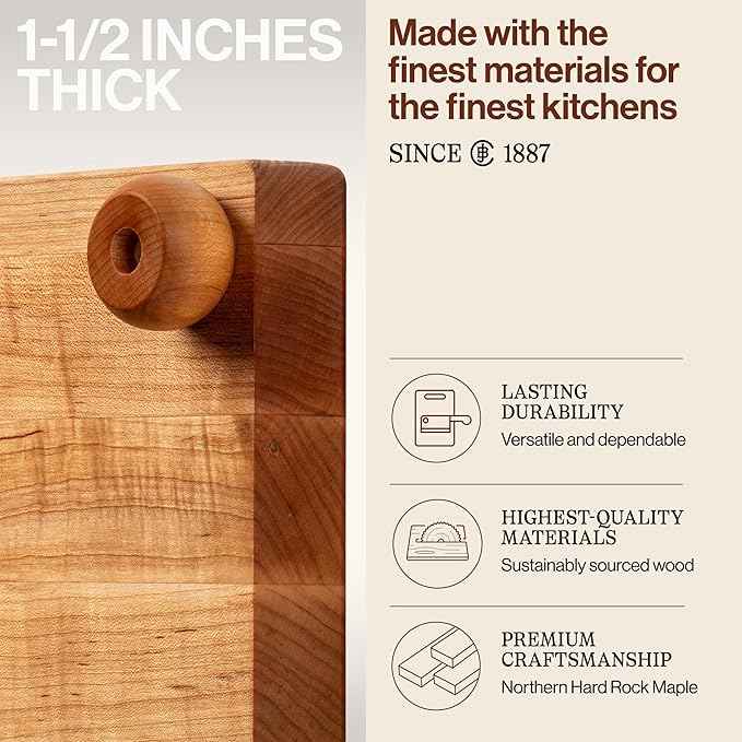 John Boos B Series Square Wooden Maple Cutting Board 12”x12” – 1.5” Thick, 6-lb Non-Reversible Butcher Block with Wood Bun Feet & Edge-Grain