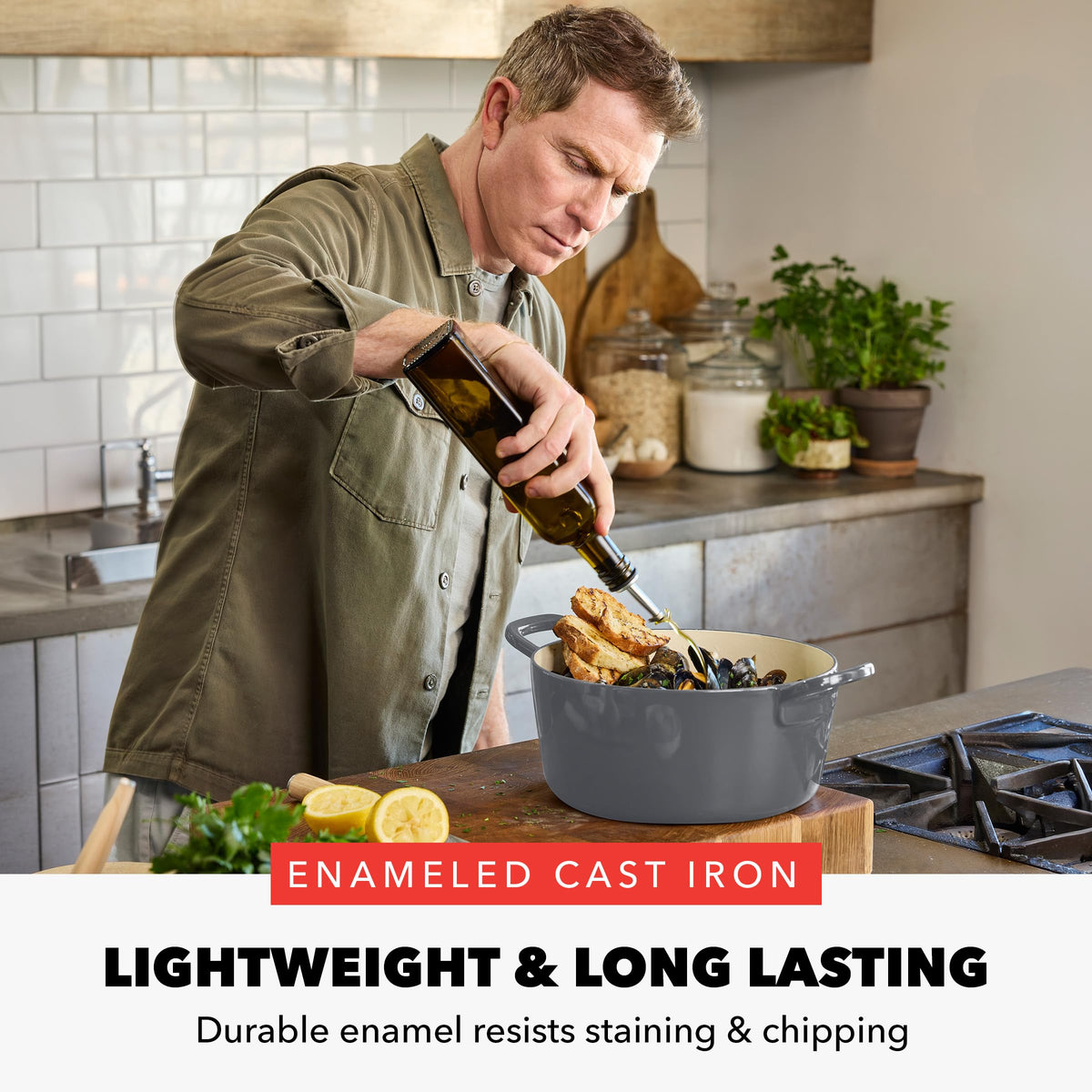 x Bobby Flay 5.5QT Enameled Cast Iron Dutch Oven With Lid (5.5QT Dutch Oven / Slate Gray)