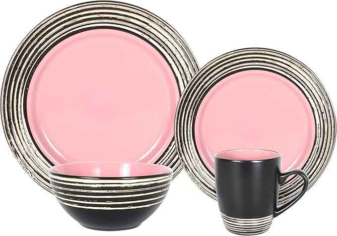 16 Piece Dinnerware Set, Ceramic Plates and Bowls Sets for 4, Microwave and Dishwasher Safe, Handcrafted Tree Bark Series Dish Set, Rose/Pink