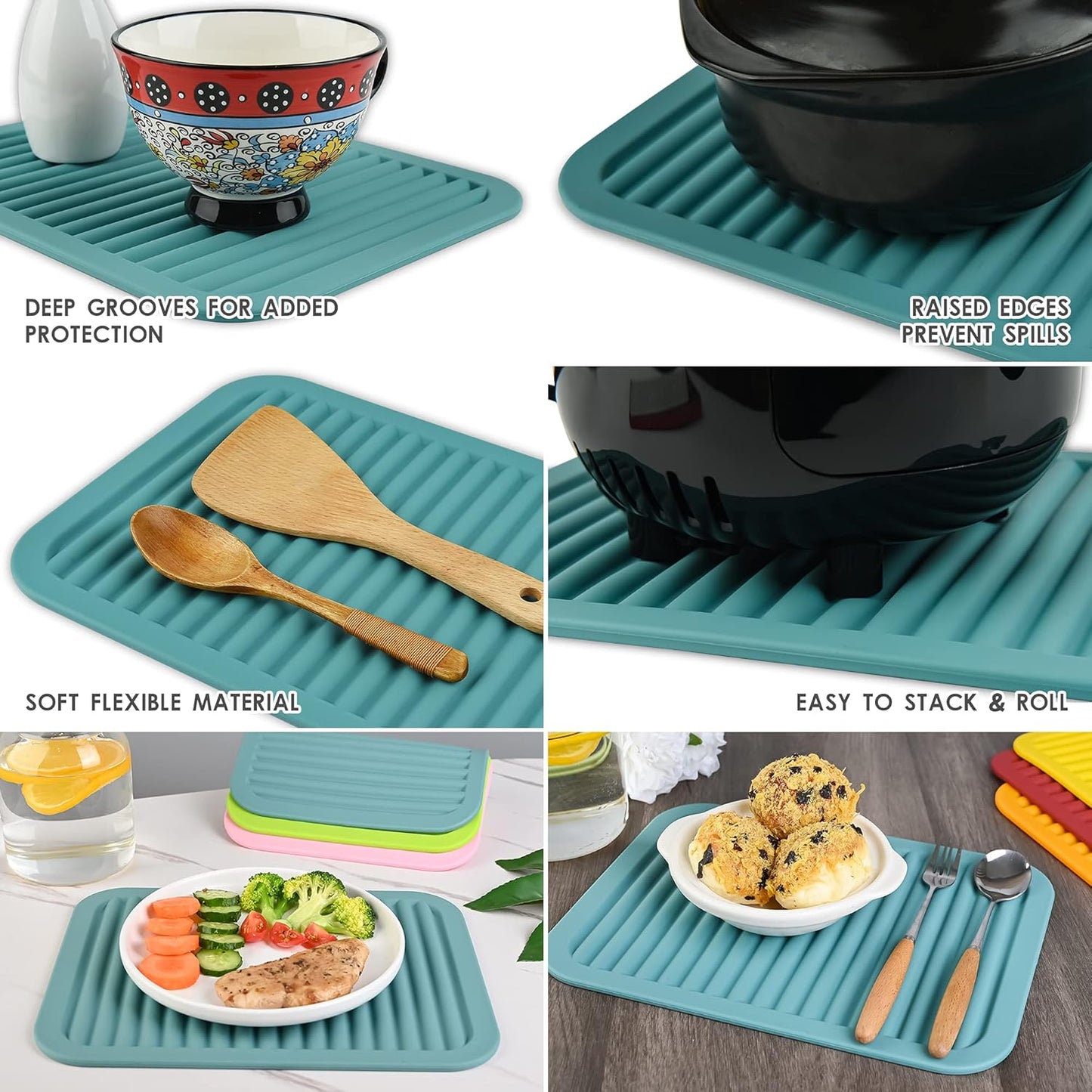 Silicone Trivets for Hot Pots and Hot Pans, Silicone Pads Mat Set, Heat Resistant Placements, Small Dish Drying Mat, Grey Rectangular Trivets Set of 2