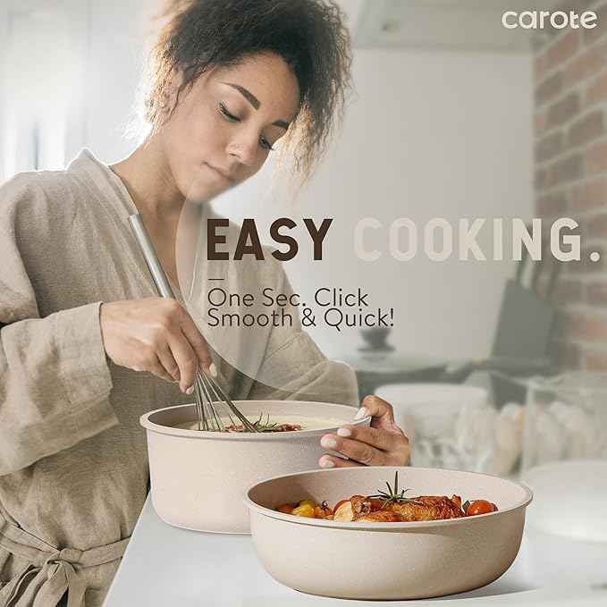 CAROTE 19pcs Pots and Pans Set Non Stick, Nonstick Cookware Set Detachable Handle, Induction Kitchen Cooking Sets with Removable Handle, RV Kitchen, Oven Safe, Taupe