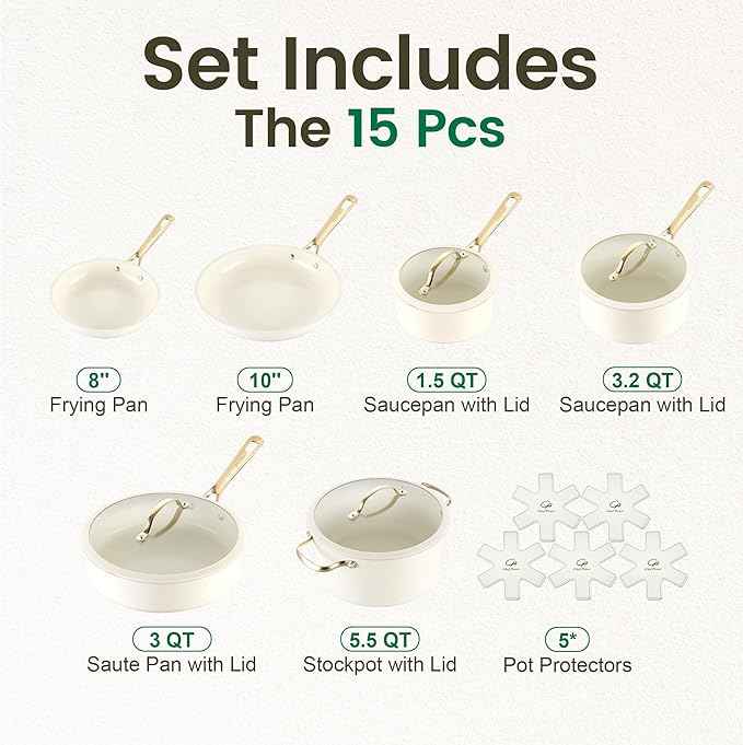 Chef Power Ceramic Cookware Sets, 15Pcs Pots and Pans Set Non Stick, Cookware Set with Stainless Steel Handle, Dishwasher & Oven Safe, Cream White and Light Gold Handle