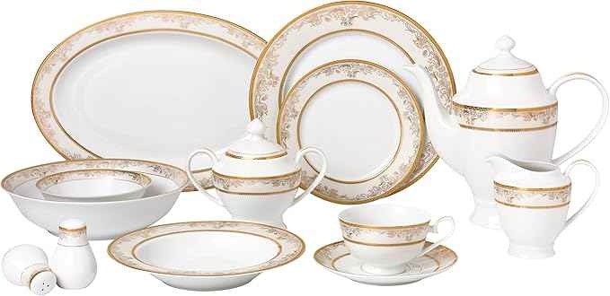 Lorren Home Trends 57 Piece 'Chloe' Bone China Dinnerware Set (Service for 8 People), Gold