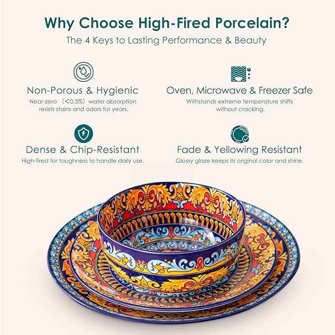vancasso Plates and Bowls Sets,12-Piece Porcelain Dinnerware Set Service for 4, Bohemian Style Dishes Set for 4, Kitchen Dinner Set, Microwave and Dishwasher Safe, Scratch Resistant, Series KRVI