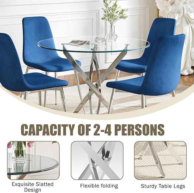 AF ARTISAN FURNITURE 36" Round Glass Dining Table Set for 4, 5-Piece Modern Kitchen Table with 4 Blue Scoop Velvet Chairs, Modern Circle Leisure Table for Home Office Dining Room (Silver Leg)