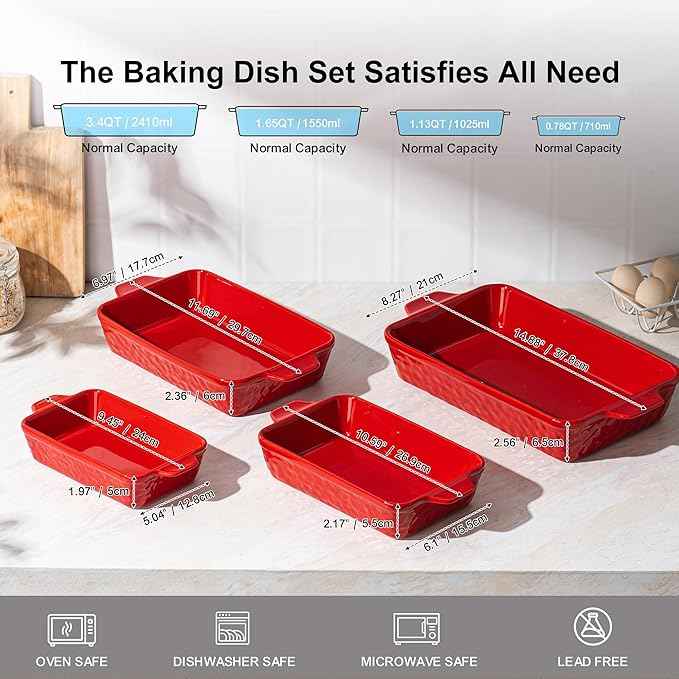 Casserole Dishes for Oven, Baking Dishes, Ceramic Bakeware Sets of 4, Rectangular Baking Pan Set with Handles for Baking, Casserole, Kitchen, Wedding Gift (Red)