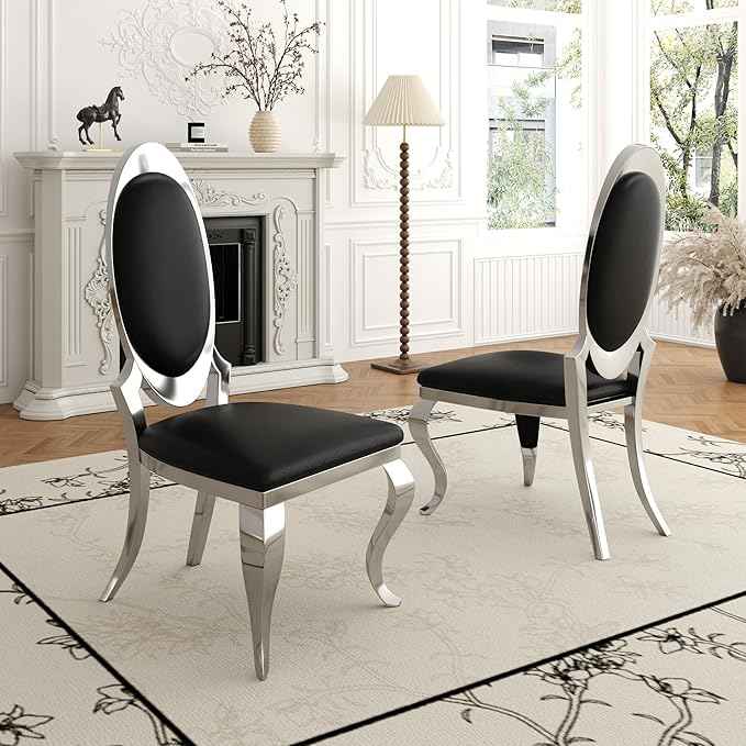 Modern Dining Chairs Set of 4, Luxury Faux Leather Upholstered Armless Dining Room Chair with Mirrored Stainless Steel Silver Legs, Mid Century Accent for Wedding Party Banquet Reception, Black