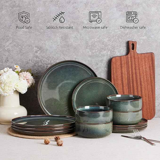 E-far 6-Piece Plates and Bowls Set, Stoneware Dinnerware Sets for 2, Ceramic Dishes Reactive Glaze Dinning Ware, Microwave & Dishwasher Safe - Obsidian Green