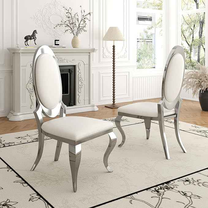 Modern Dining Chairs Set of 6, Luxury Faux Leather Upholstered Armless Dining Room Chair with Mirrored Stainless Steel Silver Legs, Mid Century Accent for Wedding Party Banquet Reception, White