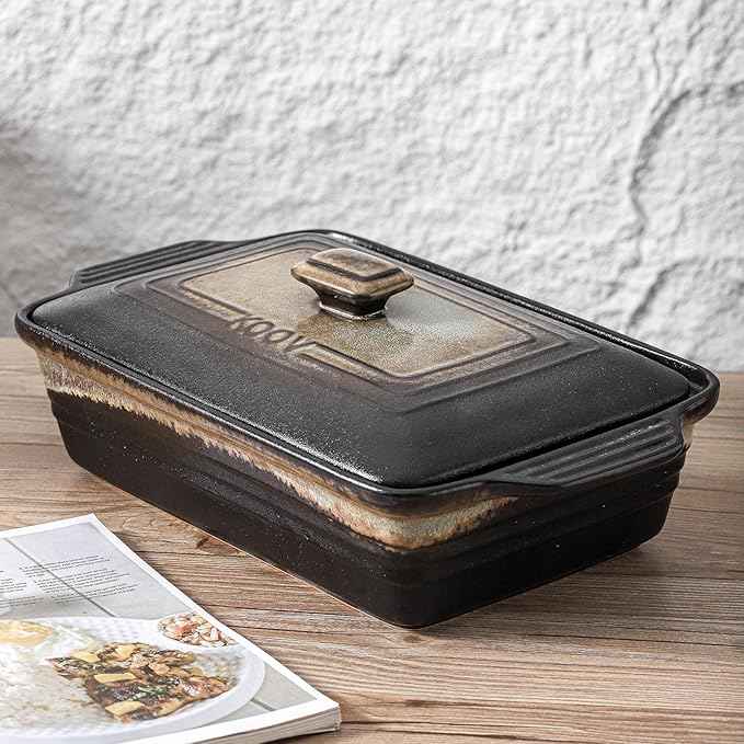 KOOV Ceramic Casserole Dish with Lid, Rectangular Baking Dish Set, Lasagna Pans for Cooking, 9 x 13 Inches, Stripe Series (Rough Black)