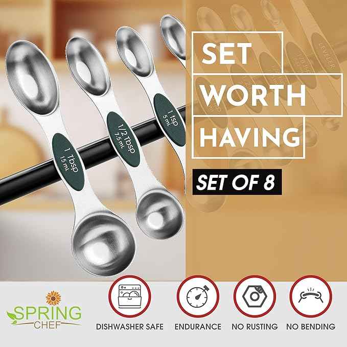 Spring Chef Stainless Steel Magnetic Measuring Spoons Set of 8 with Leveler, Stackable Magnetic Teaspoon & Tablespoon Set, Metal Kitchen Gadgets for Baking & Cooking, Fits in Spice Jars - Pine Green