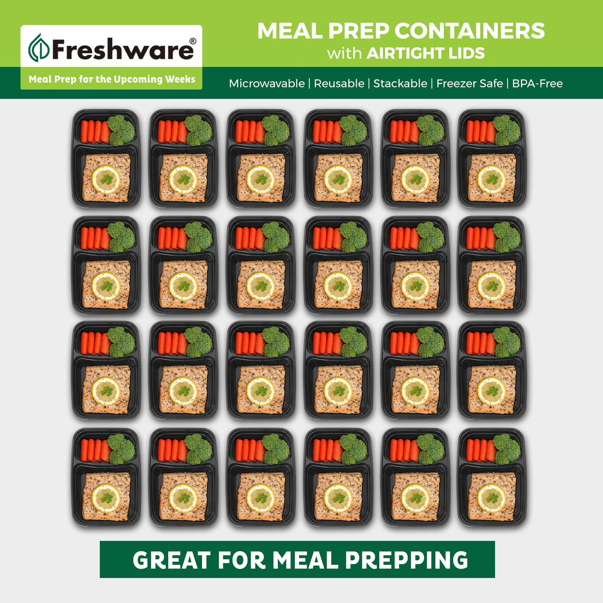 Meal Prep Containers [50 Pack] 2 Compartment with Lids (2-COMP_50PK)