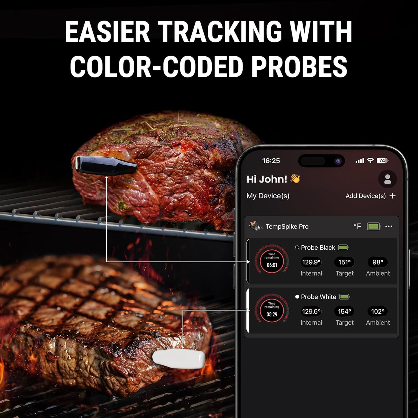 ThermoPro TempSpike Wireless Meat Thermometer Bluetooth,WiFi Unlimited Range, Detachable Thiner Meat Probe with1050°F Heat Resistance, Cooking Food Thermometer for Grilling BBQ Smoker, Orange