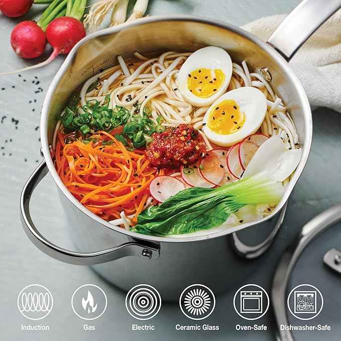 Tramontina Tempo Tri-Ply Base Stainless Steel 4-Quart Sauce Pan with Glass Lid, Induction-Ready Saucepan, Oven-Safe, Dishwasher-Safe