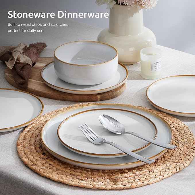 E-far Plates and Bowls Set for 2, 6-Piece Stoneware Dinnerware Sets, Ceramic Dinning Ware Reactive Glaze Dishes Set, Microwave & Dishwasher Safe - Seashell White