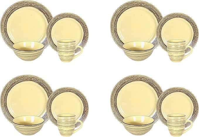 16 Piece Dinnerware Set, Ceramic Plates and Bowls Sets for 4, Microwave and Dishwasher Safe, Handcrafted Tree Bark Series Dish Set, Bamboo