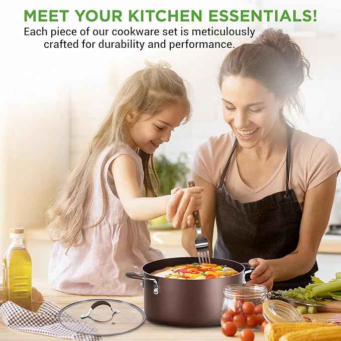 NutriChef 14-Piece Nonstick Brown Cookware Set - Scratch-Resistant Kitchen Pots and Pans with Lids & Utensils, For All Cooktops - NCCW14SBR