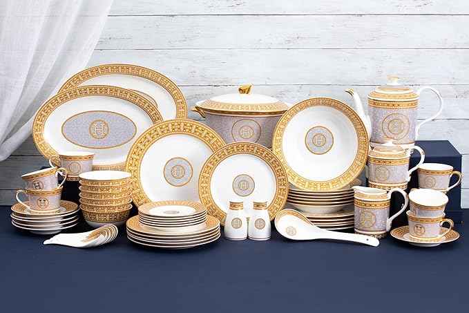 White and Gold Dinnerware Set - 58 Piece 'Mosaic' Dinner Set Luxury Bone China 24K Gold Inlays for Everyday use or Formal Occasions