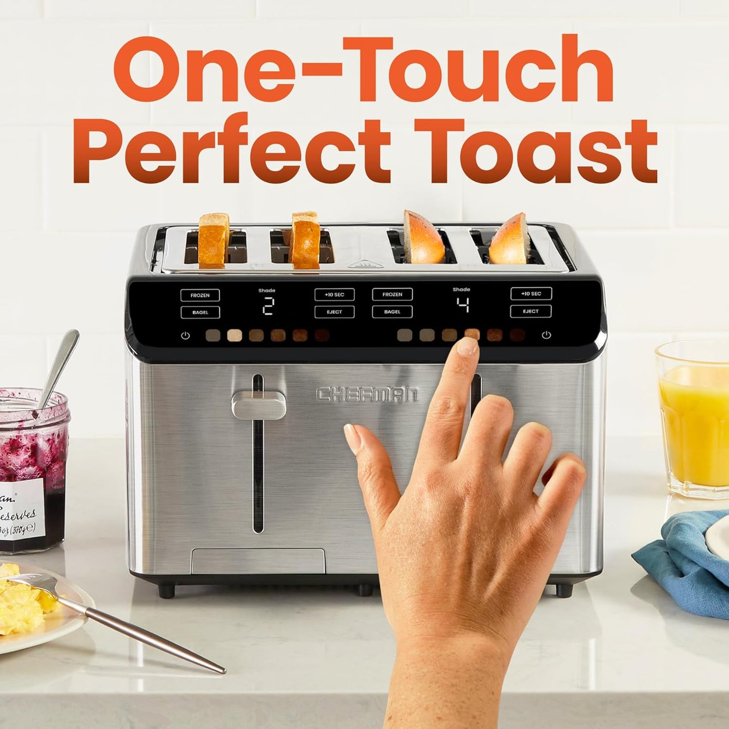 Chefman Smart Touch 4 Slice Digital Toaster, 6 Shade Settings, Touchscreen Bagel Toaster 4 Slice with Extra-Wide Slots, +10 Seconds, Defrost, Removable Crumb Tray – Stainless Steel