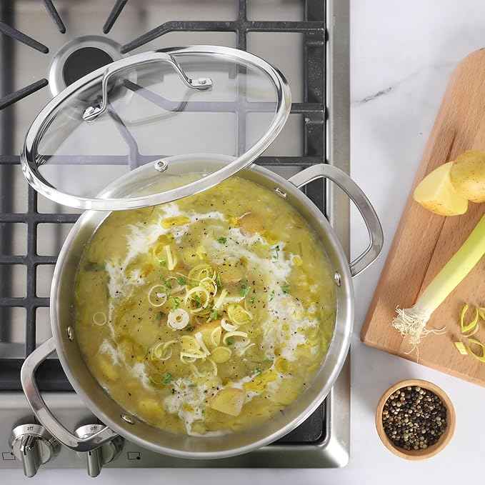 Sur La Table Kitchen Essentials Chef's Deck 3-Piece 5.3-Quart Stainless Steel Dutch Oven with Steamer Insert & Glass Lid – Induction Ready, Tri-Ply Base, Polished Finish & Hollow Stay-Cool Handles