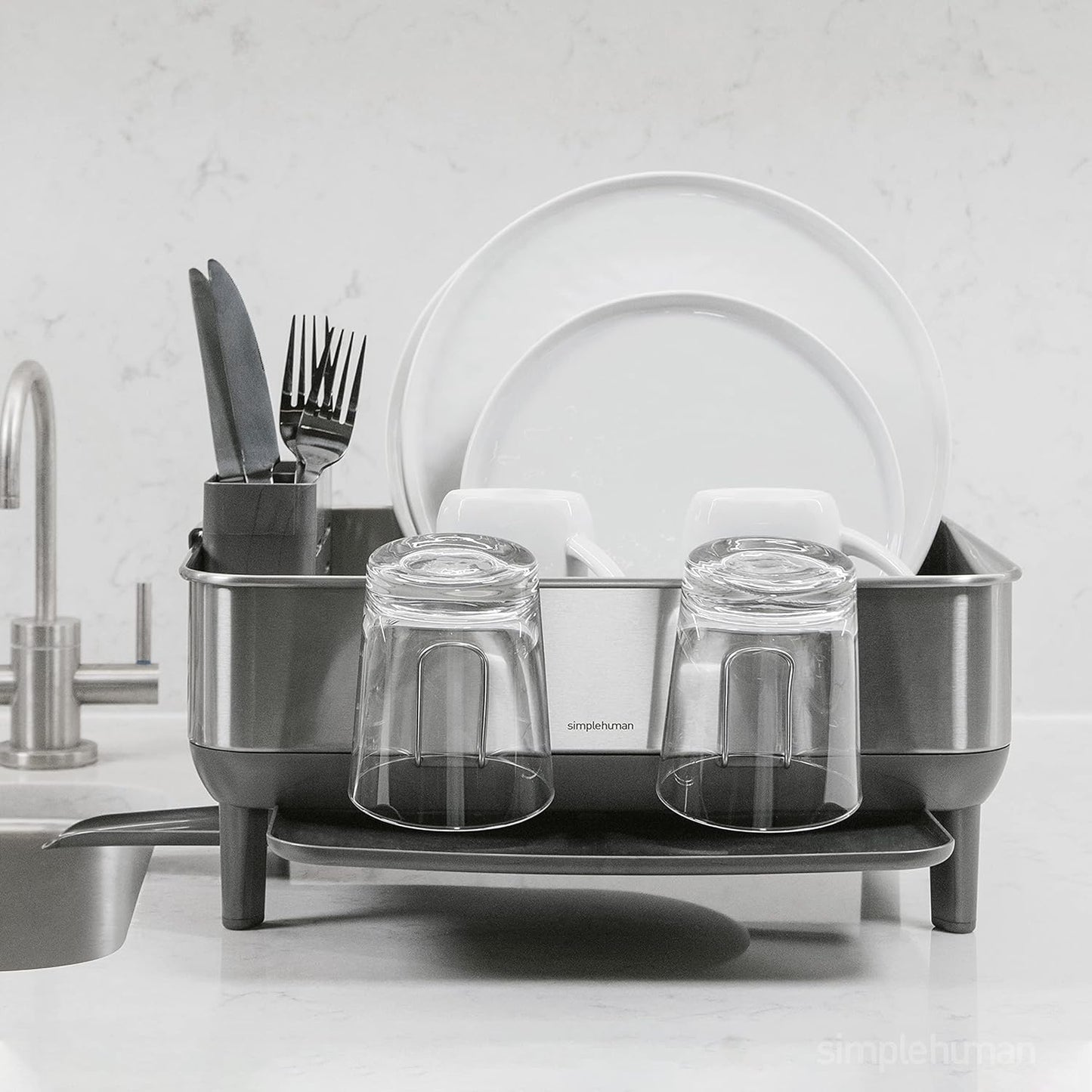 simplehuman Compact Dish Drying Rack with Stainless Steel Frame, 360º Easy Drain Swivel Spout, Utensil Holder, Anti-Residue Coating, Moisture Control Surface, Grey