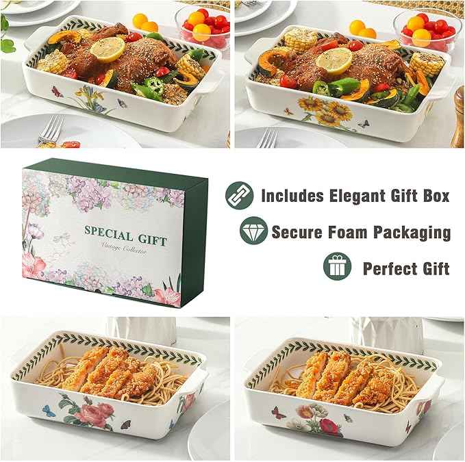 Ceramic Sunflower Baking Casserole Dish with Handles,Large 2 pieces 8x13 inch & 6x10 inch Lasagna Baking Dish and Middle Flower Andplant Baking Pan,Porcelain Serving Bakeware Set