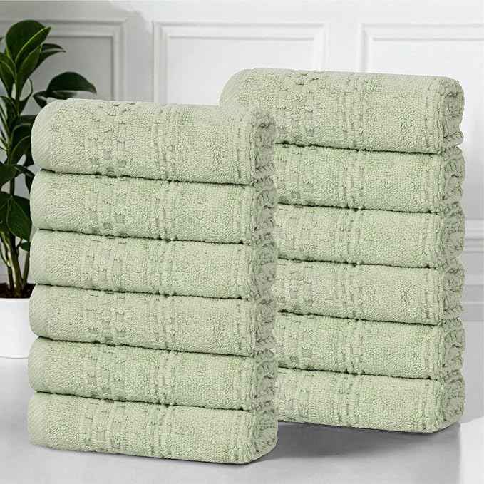 Superior Playa Zero Twist Cotton Medium Weight Small Towels, for Kitchen, Bathroom, Shower, Spa, Plush, Quick Dry, Ultra-Soft Essentials, Waffle Textured, Face Towels Washcloths, Set of 12, Green