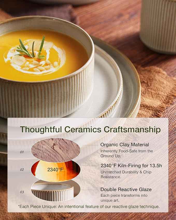 Famiware Star Dinnerware Set with Mugs, Service for 6 (24 Pieces), Ribbed Stoneware Plates and Bowls Dishes Sets - Chip & Scratch Resistant, Microwave & Dishwasher Safe, Cappuccino White