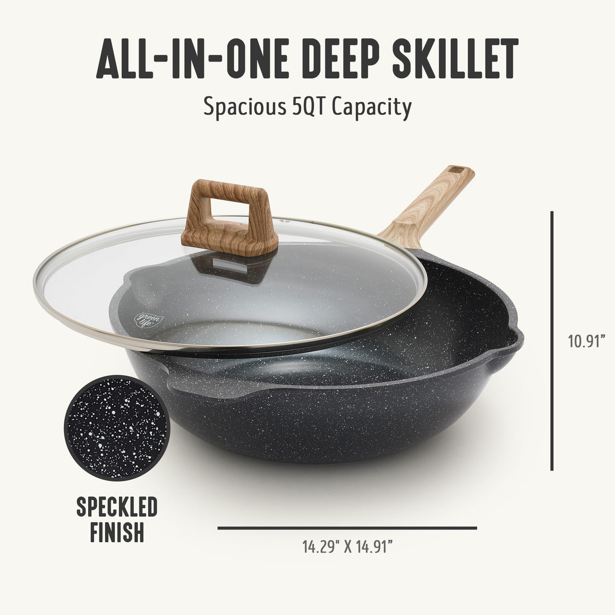 Nonstick 12” 5QT (12" Deep Skillet with Lid / Granite Black)
