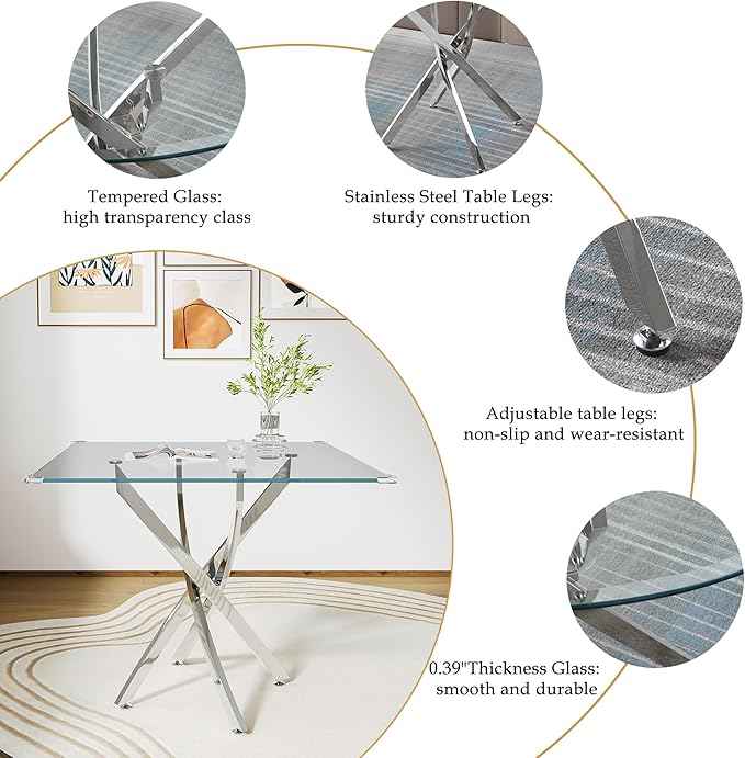 AF ARTISAN FURNITURE 5 Piece Square Glass Dining Table Set, Silver Glass Kitchen Table Set for 4 Modern Table Set with 4 Black PU Upholstered Dining Chairs, for Small Space, Breakfast Nook