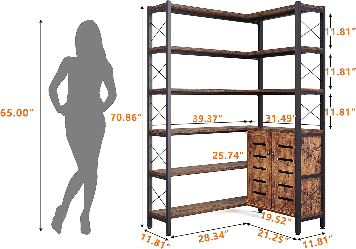 Corner Bookshelves and Bookcases Industrial Corner Etagere Bookcase L Shaped Shelf 6 Tiers with Metal Frame for Living Room Home Office