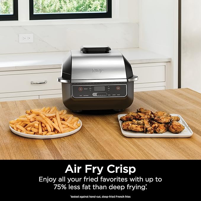 Ninja EG201 Foodi 6-in-1 Indoor Grill with Air Fry, Roast, Bake, Broil, & Dehydrate, 2nd Generation, Dishwasher Safe, Black/Silver