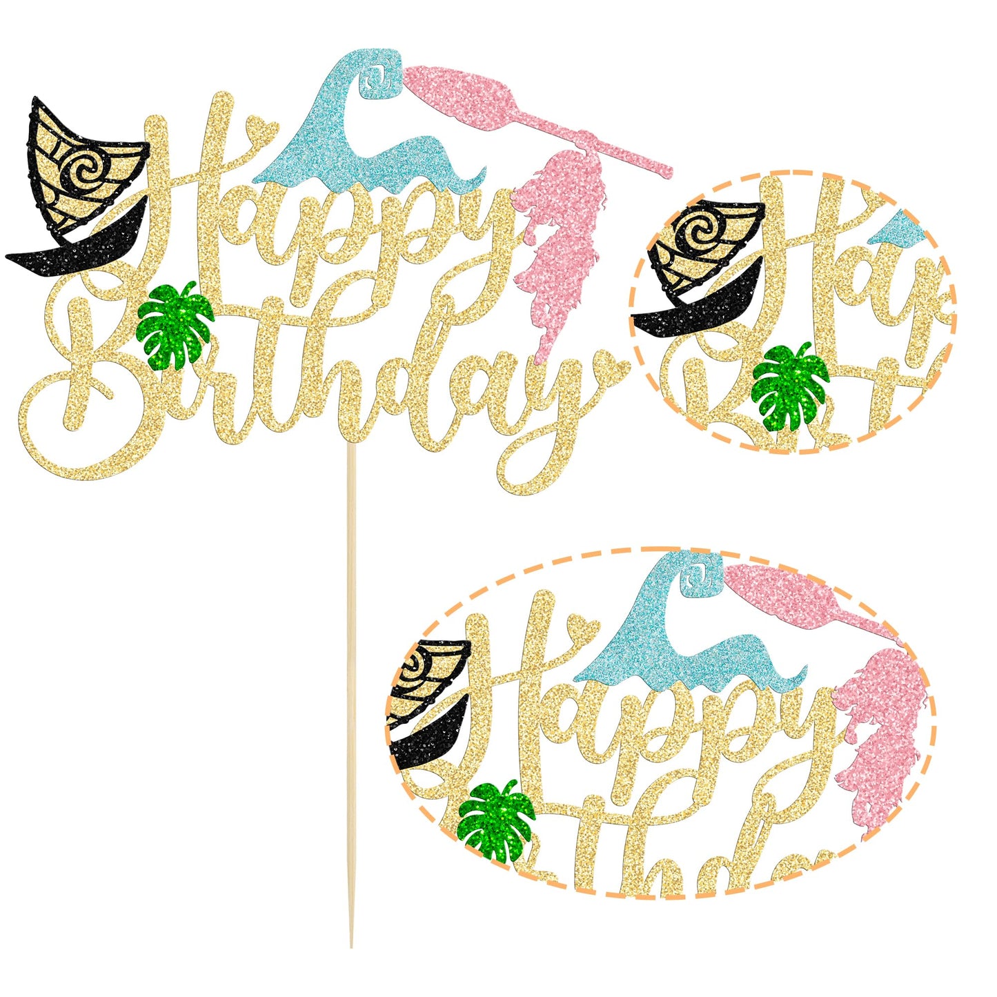 1Pcs Summer Cake Topper Glitter Tree Flower Happy Birthday Cake Pick Decoration for Tropical Hawaiian Luau Theme Baby Shower Kids Birthday Party Cake Decorations Supplies Gold (Gold 4)