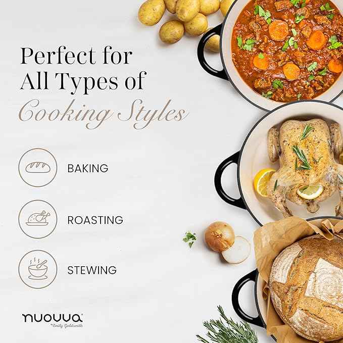 Nuovva Enamelled Cast Iron Dutch Oven Pot with Lid – 6.4 Quart Non Stick Casserole Pot – Heavy Duty & Oven Safe up to 500° F for Bread Baking, Braising, Stews, Roasting – 28cm Black