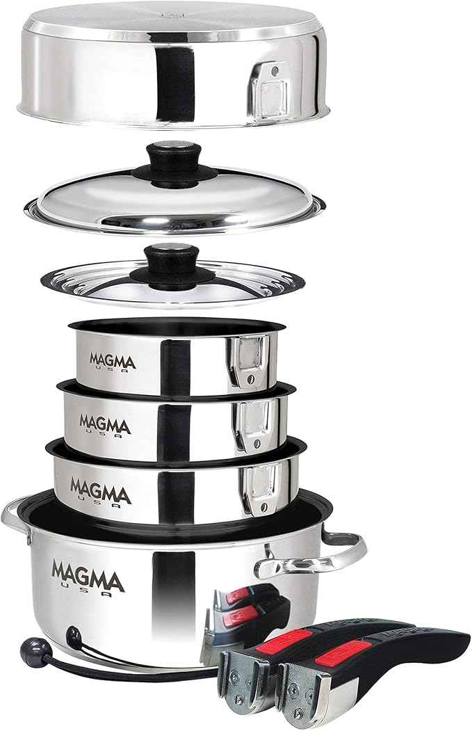Magma 10 Piece Gourmet Nesting Stainless Steel Cookware Set with Ceramica Non-Stick, Induction Compatible, Oven Safe to 500°F - Suitable for All Stovetops, Removable Handles, Silver