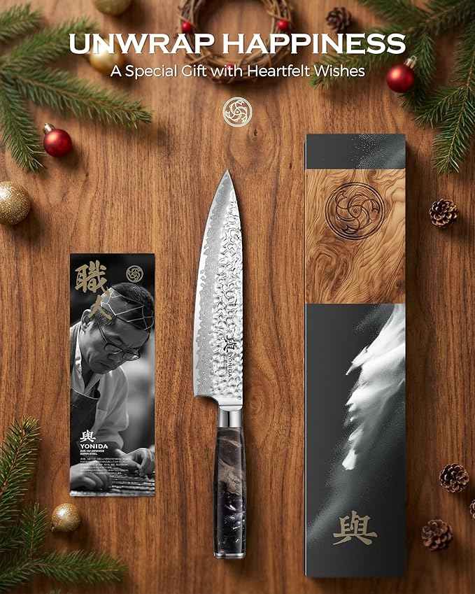 Japanese Chef Knife, 67-Layer Damascus Steel 8.1 Inch Kitchen Knife with AUS-10 Core, Professional Hand Forged Gyuto Knife with Gift Box, Ergonomic Handle, Ideal Valentine's Day Gifts for Men Women