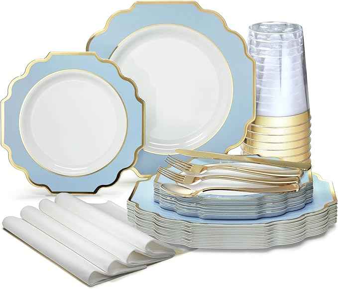 " OCCASIONS " 960 Piece set (120 Guests)-Heavyweight Wedding Party Disposable Plastic Plate Set - 120 x 10.5'' + 120 x 8'' + Silverware + Cups + Napkins (Imperial in White & Blue & Gold)