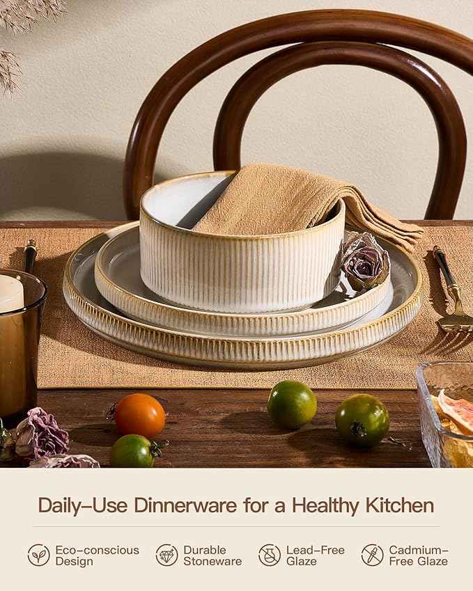 24-Piece Dinnerware Set for 8, Famiware Premium Stoneware Dish Set with Ribbed Plates and Deep Bowls, Double Reactive Glaze, Chip & Scratch Resistant, Microwave & Dishwasher Safe, Cappuccino White