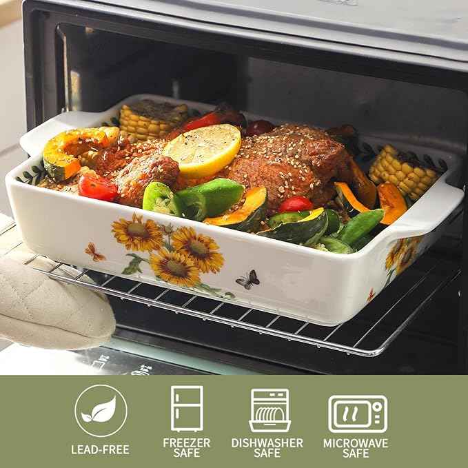 Ceramic Sunflower Baking Casserole Dish with Handles,Large 2 pieces 8x13 inch & 6x10 inch Lasagna Baking Dish and Middle Flower Andplant Baking Pan,Porcelain Serving Bakeware Set