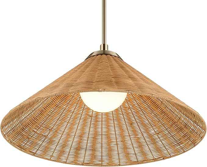 KICHLER Bekah 1-Light Convertible Pendant, Boho Light with Opal Glass and Handwoven Rattan Shade in Champagne Bronze, Sloped Ceiling Compatible, for Dining or Living Room (11.75" x 24.25"), 52730CPZ