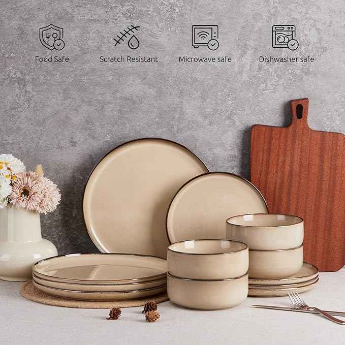 E-far 24-Piece Plates and Bowls Set, Stoneware Dinnerware Sets for 8, Reactive Glaze Ceramic Dinning Ware Dishes, Microwave & Dishwasher Safe - Sandy Beige