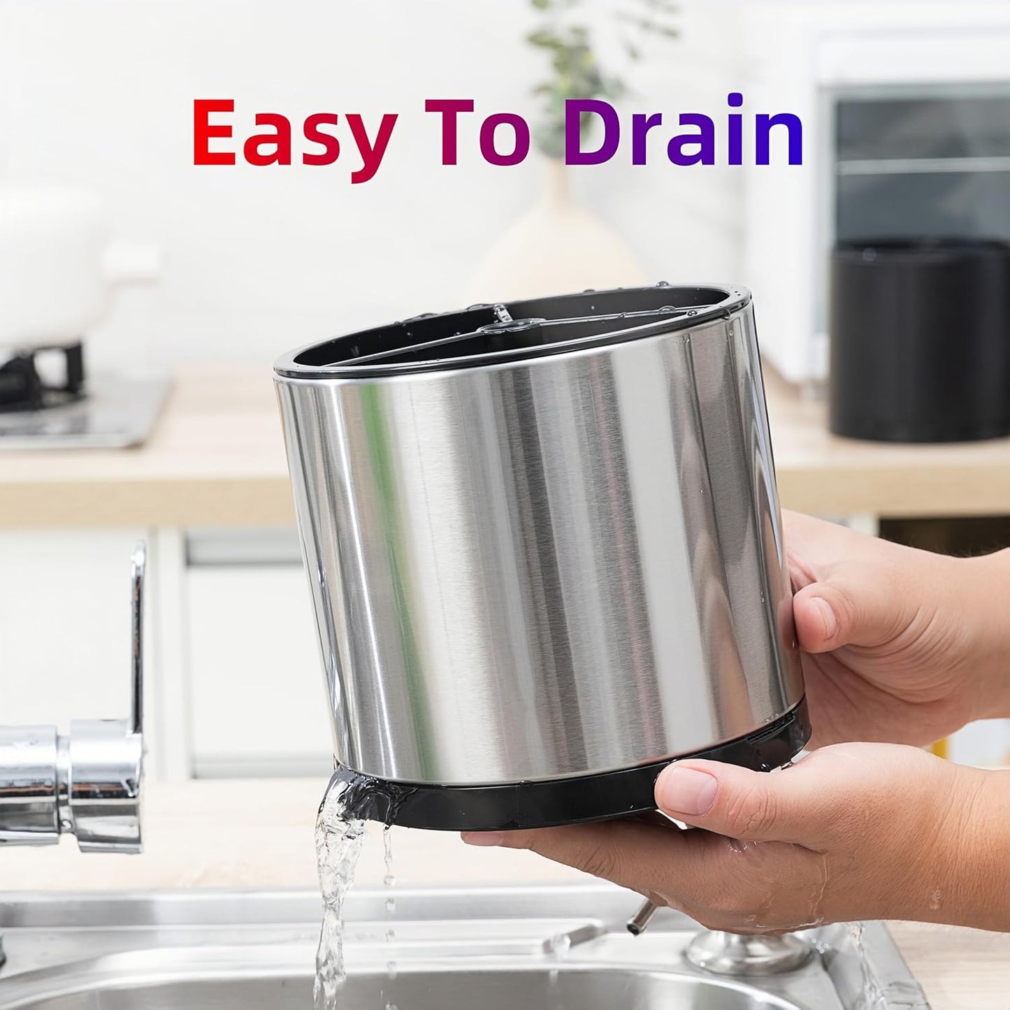 Kitchen Utensil Holder Silverware Organizer 360°Rotating For Counter Organizer Stainless Steel Storage Silverware Caddy 3 Compartment Flatware Spoon Spatula Tool Cutlery Container（Silvery）