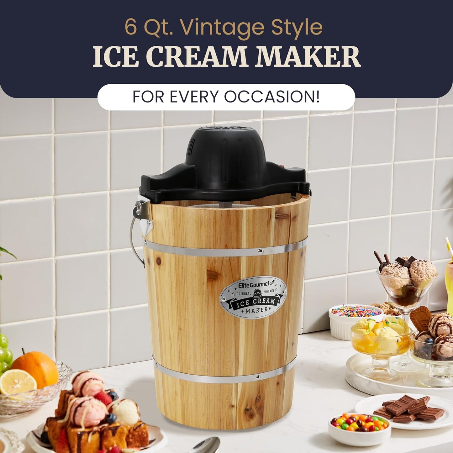 Elite Gourmet EIM916X Old Fashioned 6 Quart Vintage Wood Bucket Electric Ice Cream Maker Machine Appalachian, Bonus Classic Die-Cast Hand Crank for Churning, Uses Ice and Rock Salt
