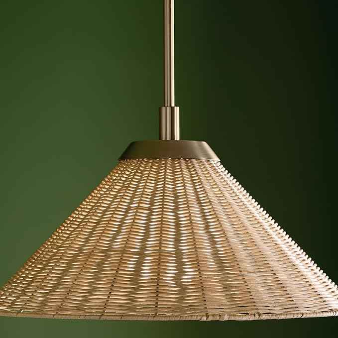 KICHLER Bekah 1-Light Convertible Pendant, Global Boho Light with Opal Glass and Handwoven Rattan Shade in Champagne Bronze, Sloped Ceiling Compatible, for Kitchen or Bedroom (10" x 18"), 52729CPZ