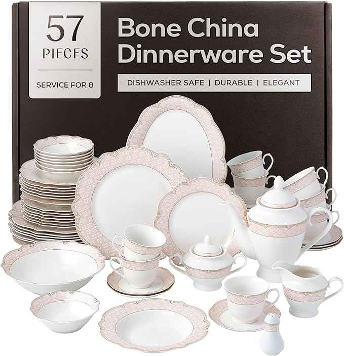 Joseph Sedgh Collection "Sandra" 57-Piece Bone China Dinnerware Set, Service for 8, Blush Pink and Gold